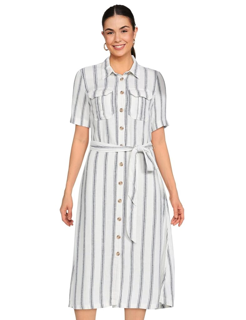 Womens Linen Blend Striped Belted Midi Dress