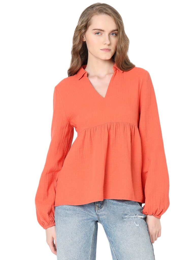 Shirt Collar Solid Cotton Top
