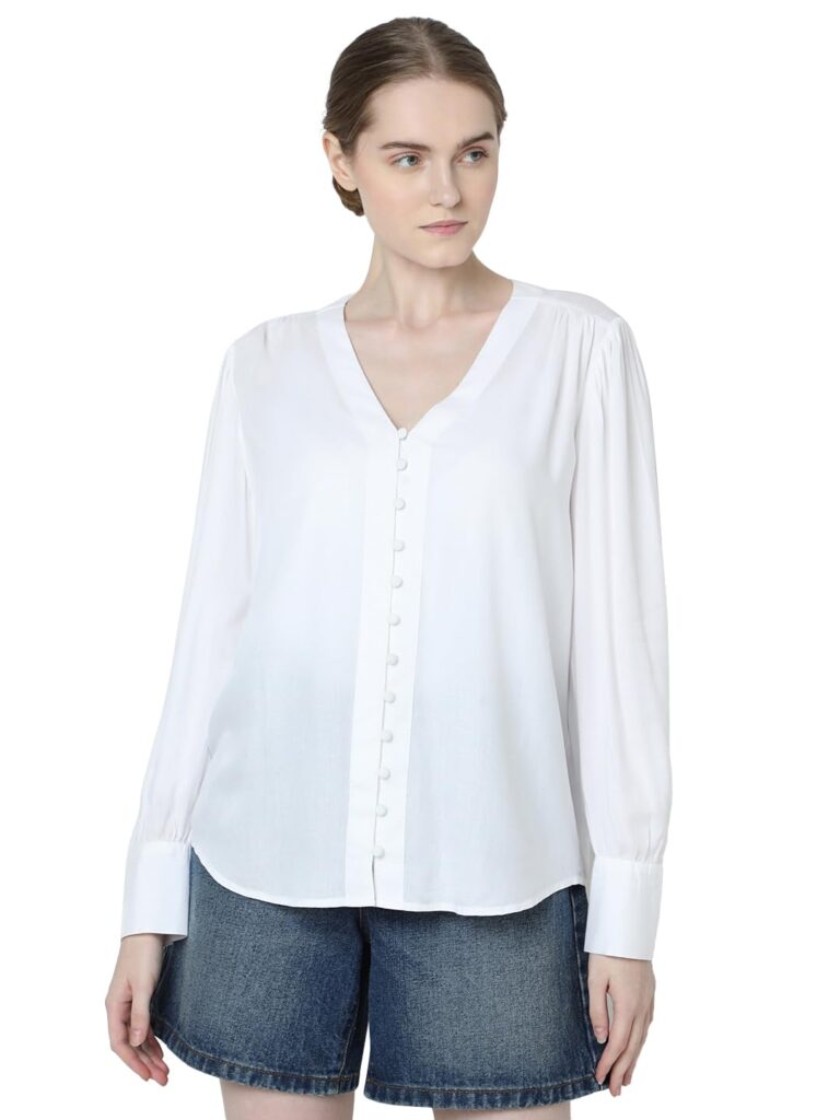 Women V-Neck Solid White Formal Shirt