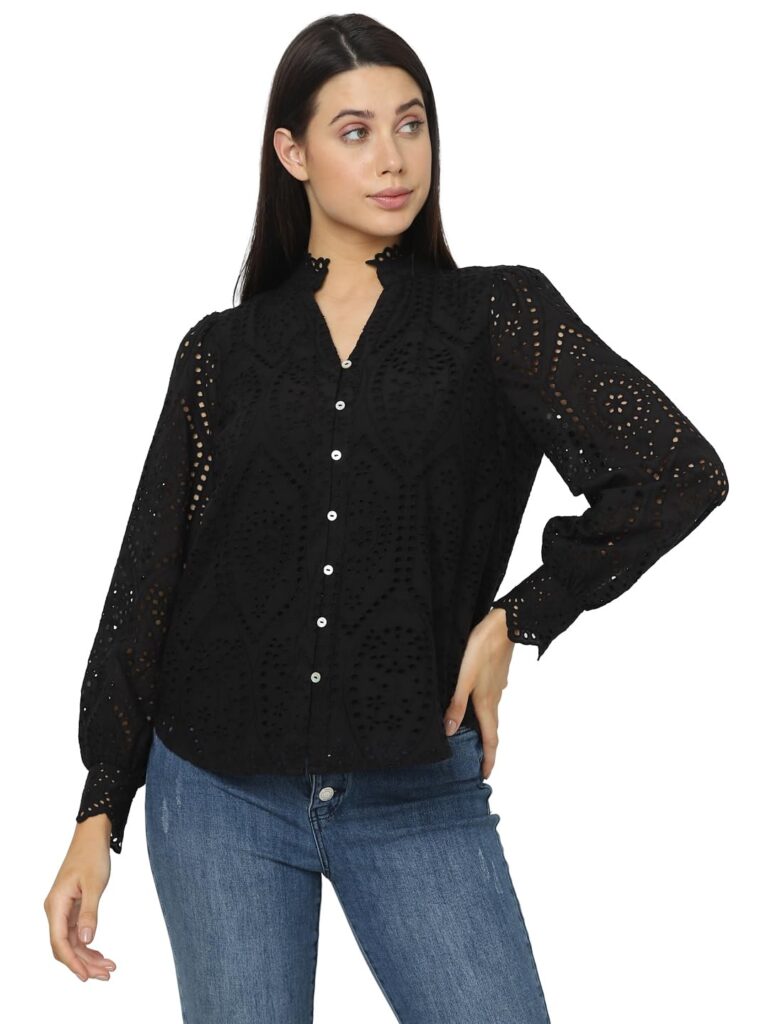 Women's Cotton Mandarin Collar Solid Regular Fit Shirt | Schiffli Design Shirt for Women