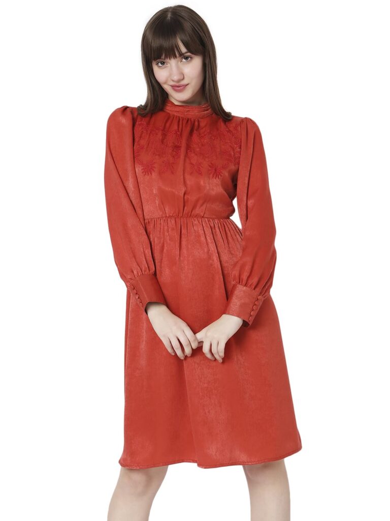 High Neck Cuffed Sleeve Embroidered Fit & Flare Dress