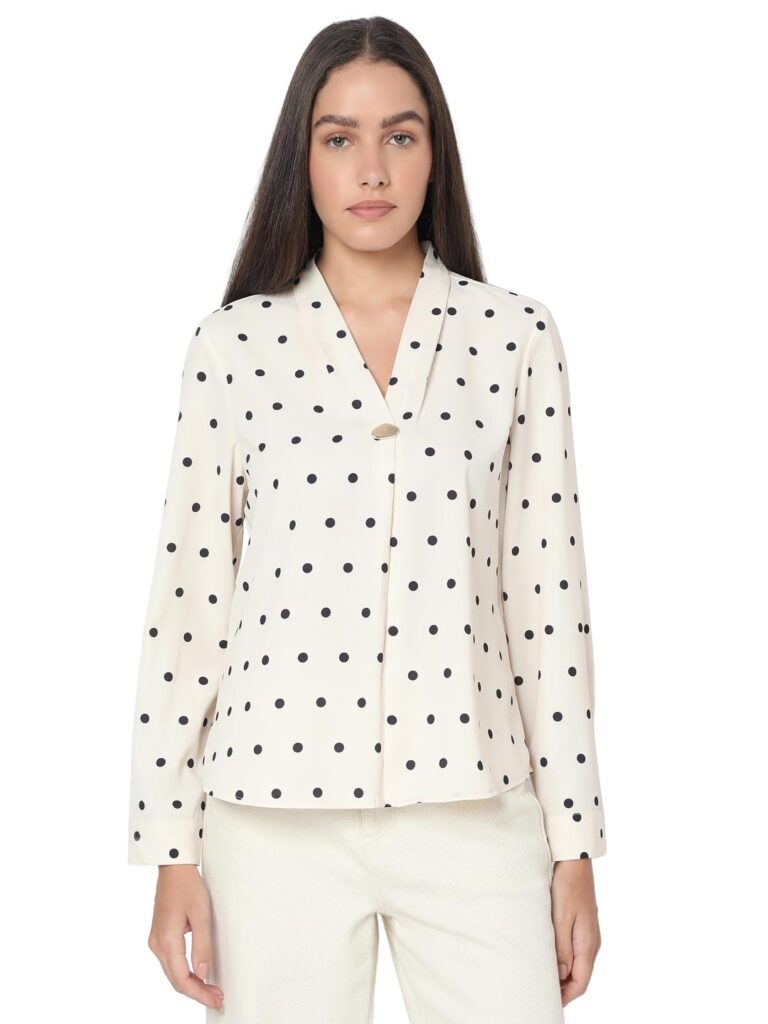 Women Polyester Regular Fit Printed V-Neck Top | Button Detailing| Long Sleeves with Cuffs|Day to Evening
