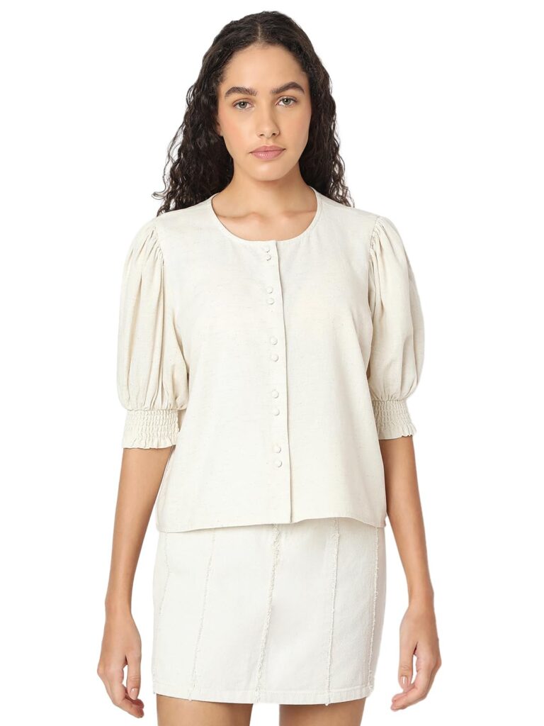 Women's Polyester Blend Regular Fit Puff Sleeve Monochrome Top