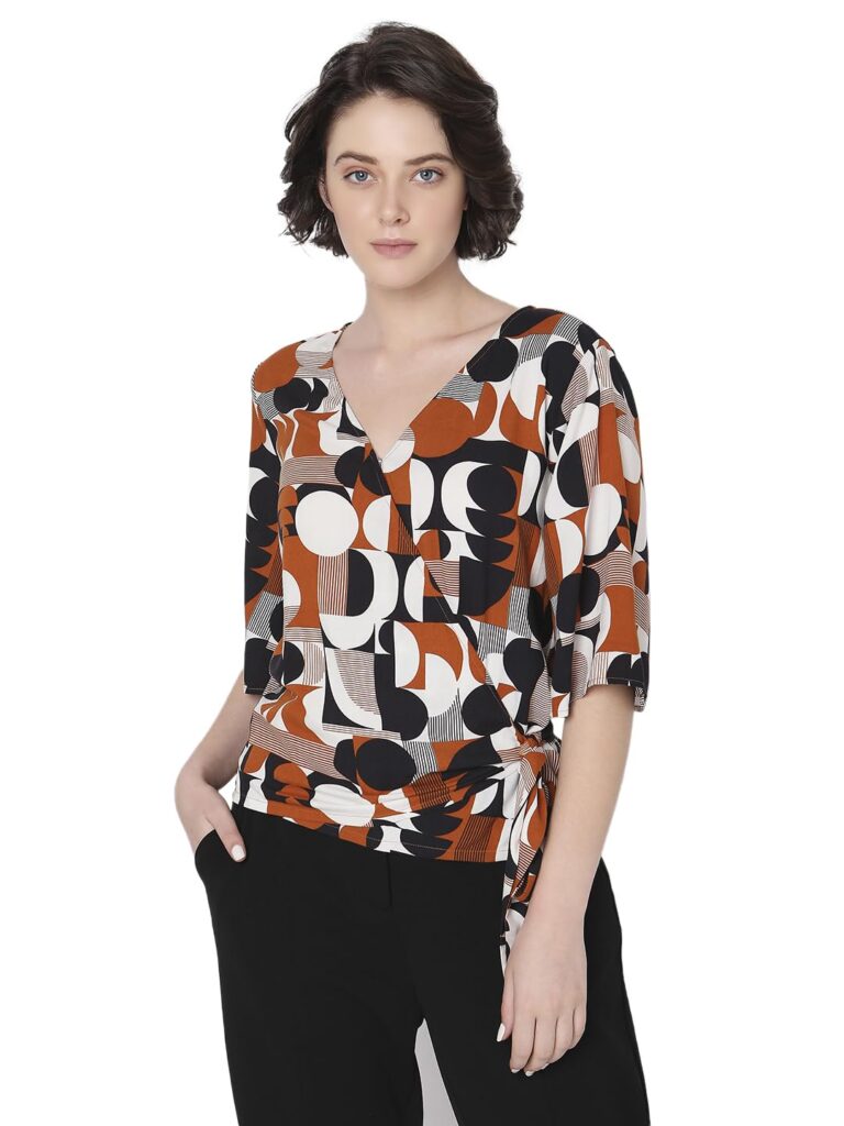 Geometric Printed Waist Tie-Up Wrap Top for Women