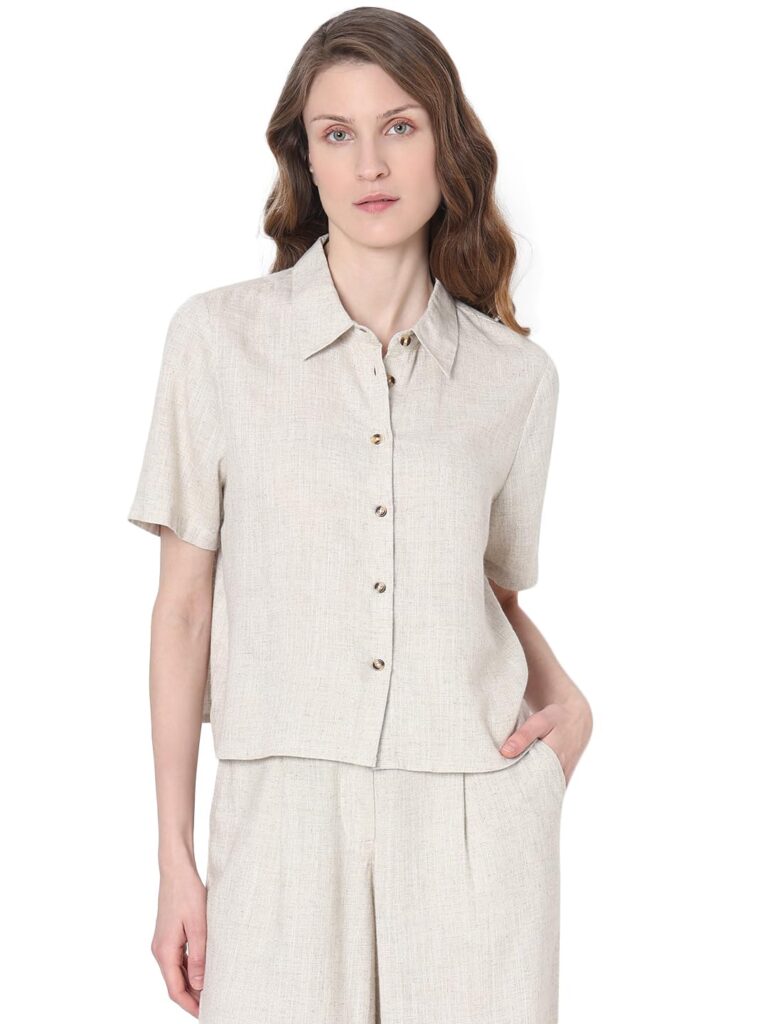 Women's Polyester Blend Regular Fit Opaque Spread Collar Casual Shirt