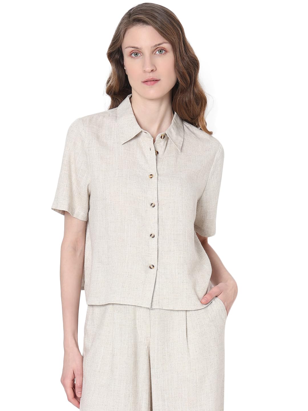 Women's Polyester Blend Regular Fit Opaque Spread Collar Casual Shirt