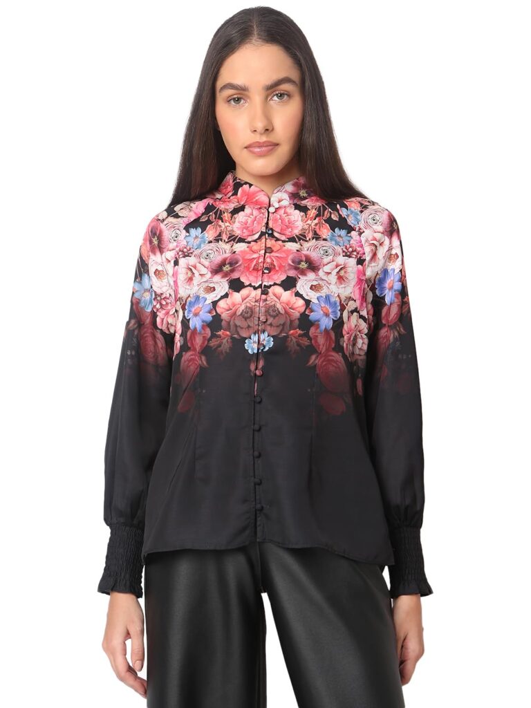 Women's Cotton Floral Print Regular Fit Blouson Top | Mandarin Collar | Bishop Sleeves Top for Women