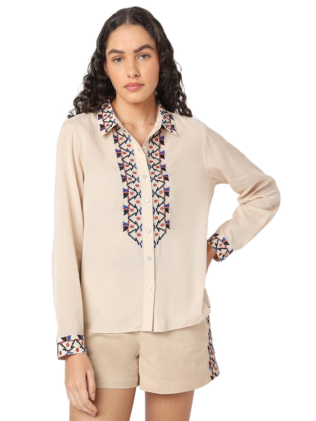 Women Cotton Regular-Fit Spread Collar Ethnic Motifs Printed Casual Shirt