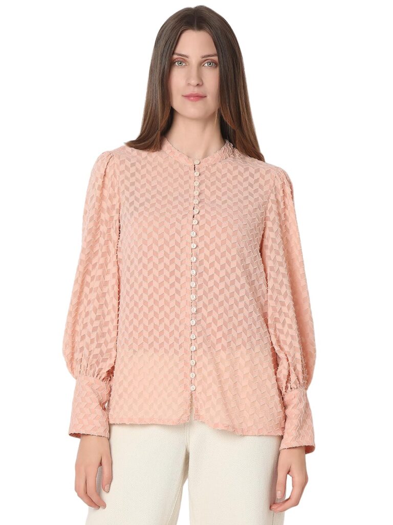 Women Textured Jacquard Casual Shirt | Mandarin Collar | Full Sleeves | Shirts for Women