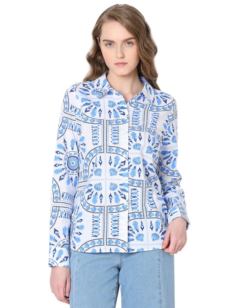 Spread Collar Printed Cotton Casual Shirt