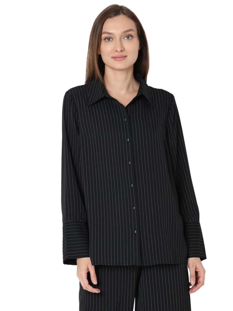 Women's Monochrome Pinstripe Regular Fit Shirt | Desk to Dinner.