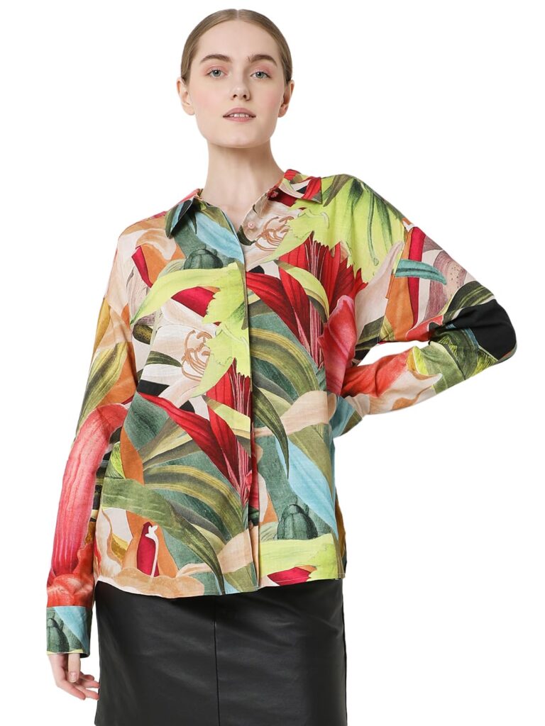 Women Spread Collar Abstract Printed Cotton Oversized Casual Shirt
