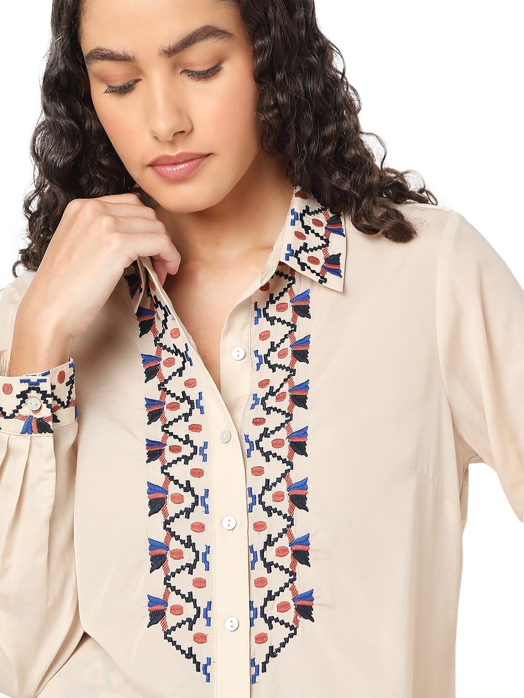 Women Cotton Regular-Fit Spread Collar Ethnic Motifs Printed Casual Shirt - Image 6