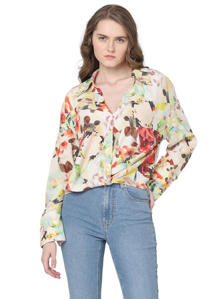 Women's Floral Linen Blend Regular Fit Shirt